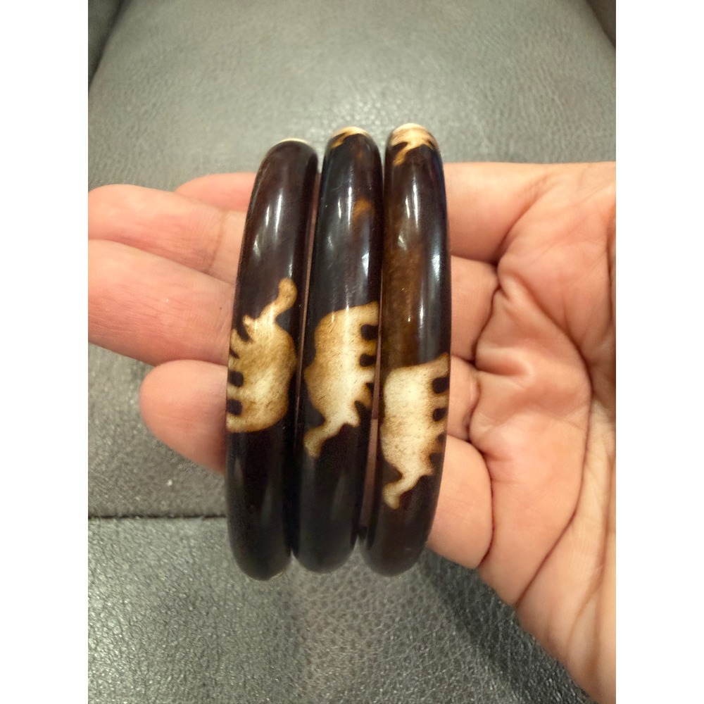 Set of 3 Vintage Bangle Bracelets Brown Cream Batik Pattern